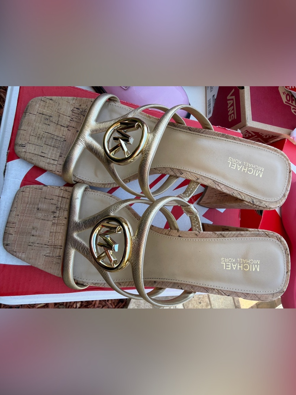 Michael Kors Gold Metallic Logo Cork Wedge Sandals